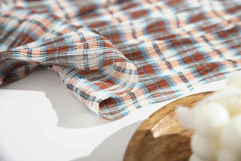 Plaid Checkered Poly Wide Width Fabric with Ribbed Wave Pleats - In Brick Orange - Quality Korean Fabric By the Yard - 53726GJ