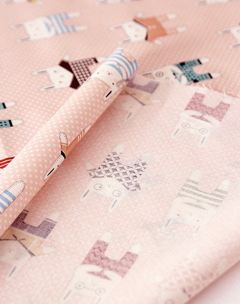 Rabbit Story with Polka Dots - Cotton Fabric - Peach Pink - By the Yard 52192